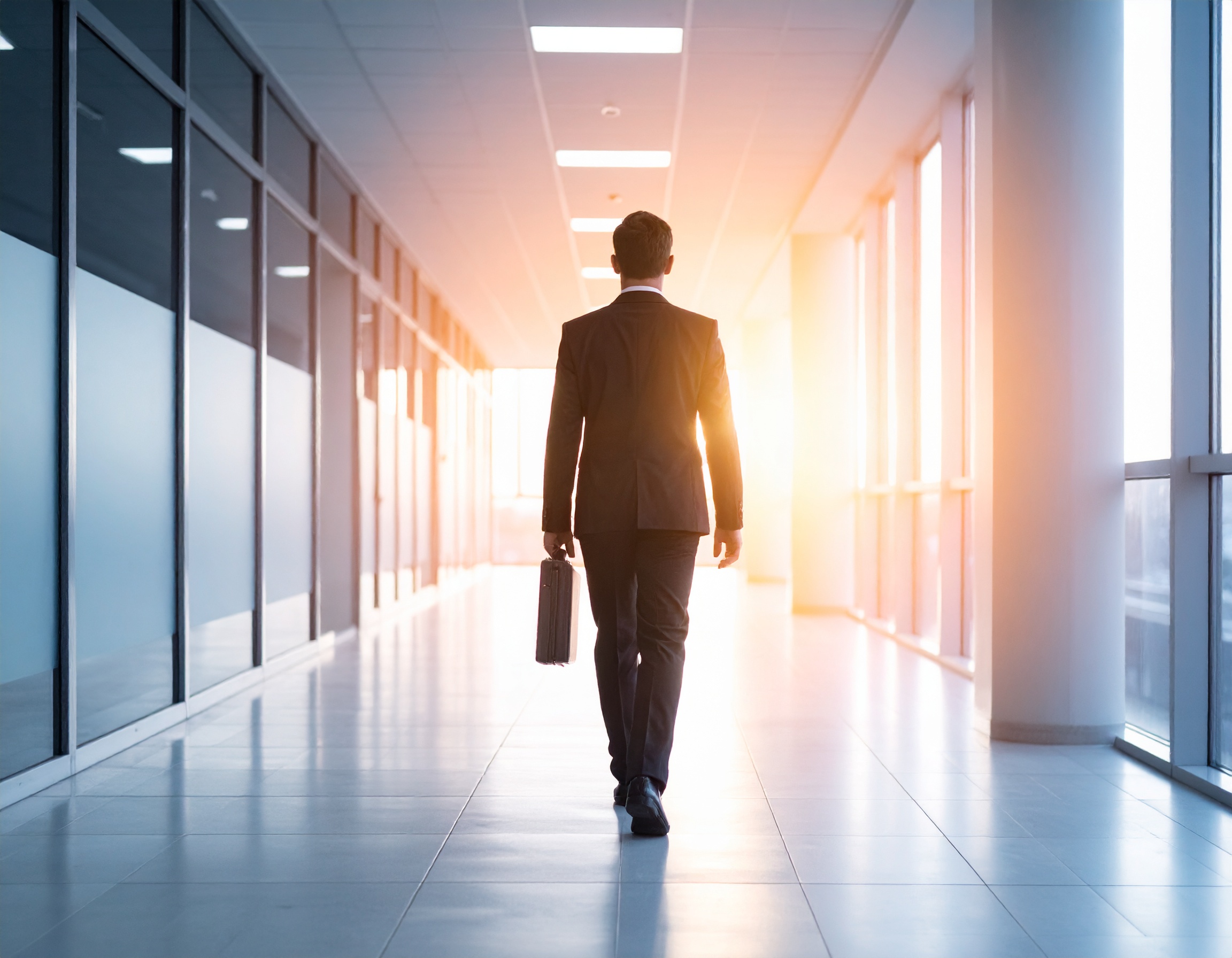Homem de negócios caminha em um corredor iluminado pelo sol nascente, transmitindo determinação e foco. O ambiente corporativo moderno reflete ambição e sucesso.